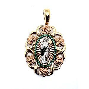 14k Gold San Judas Tadeo - Rose Flower Oval Frame Pendant-Real Gold Religious Pe